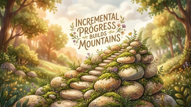 Inspirational quote about incremental progress building mountains in a lush, green forest setting