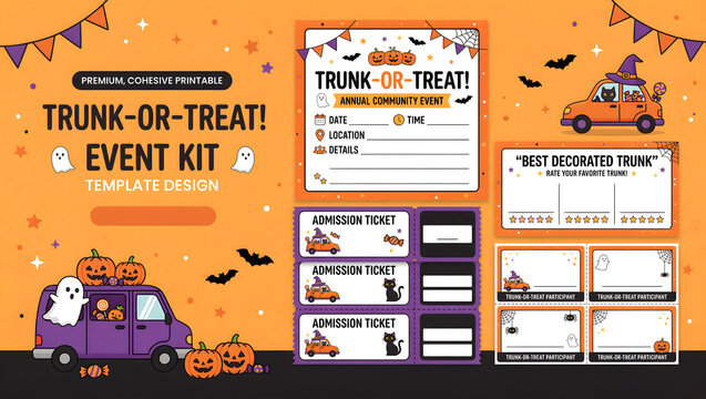 Printable Trunk or Treat Halloween Event Kit Template with Tickets and Cards