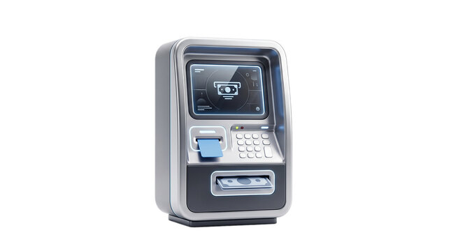 Automated teller machine with keypad and screen for banking transactions isolated on white background