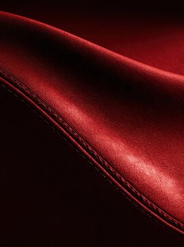 Luxurious rich red leather texture with neat parallel stitching lines closeup view soft premium material for fashion and upholstery design concept