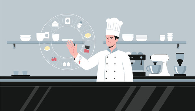 Chef in white professional uniform gestures towards a circular digital menu interface while working within a brightly lit modern restaurant kitchen setup.