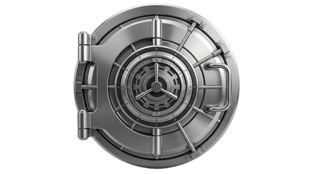 Heavy metal bank vault door closed tightly with large circular locking mechanism and steel bars on white background