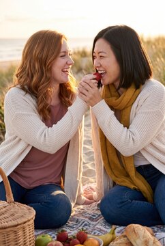 Two women friends laughing feeding strawberry to each other at beach picnic
