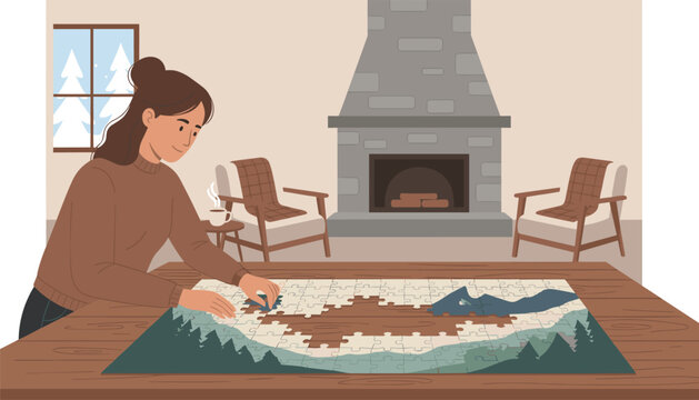 Woman relaxes while assembling a jigsaw puzzle of a mountain forest landscape on a wooden table inside a cozy living room with a fireplace.