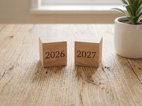 Two cardboard boxes labeled 2026 and 2027 on a concrete surface