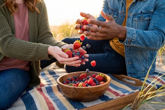 Hands catching fresh berries falling into wooden bowl at beach picnic spread