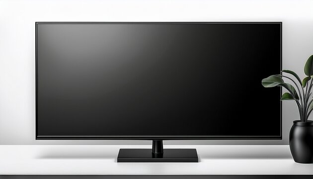 modern black flat screen tv monitor with a blank screen on a stand ideal for digital display and advertising on an isolated white background