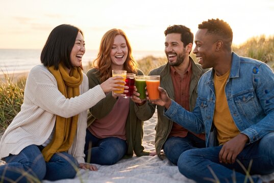 Diverse friends toasting colorful fresh juices together on beach picnic blanket