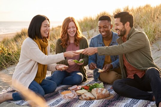 Diverse friends assembling sandwiches together on beach picnic blanket outdoors