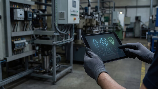 Industrial technician holding tablet near electrical control panel, AI energy safety monitoring in factory automation environment