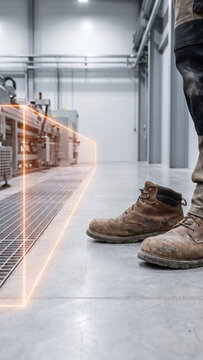 Industrial worker safety boot AI energy safety concept in modern manufacturing facility with glowing digital protection boundary