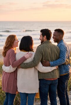 Diverse friends embracing while walking toward ocean view on beach dunes at sunset