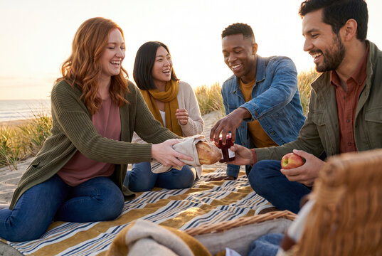 Diverse friends sharing bread and apples together on beach picnic blanket