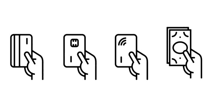 Payment Methods Icon Set. Credit Card, Debit Card, Cash, POS and Receipt. Vector Illustration.