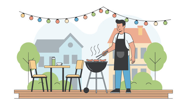 Man wearing an apron grills sausages on a charcoal barbecue on a backyard wooden deck decorated with hanging colorful string lights near his house.