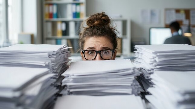 Huge piles of paper and files create an overwhelming situation for a young woman with glasses peeking over her desk in a chaotic office.