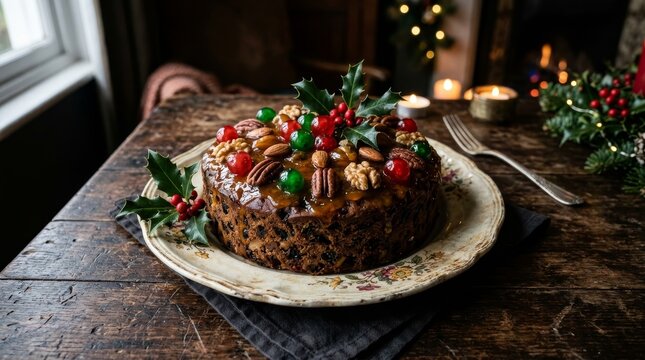 A delicious Christmas fruitcake sits on a plate decorated with nuts and cherries.