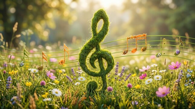 Blooming plants and soft bokeh light surround a green treble clef and musical notes made from grass and flowers in a sunny meadow.