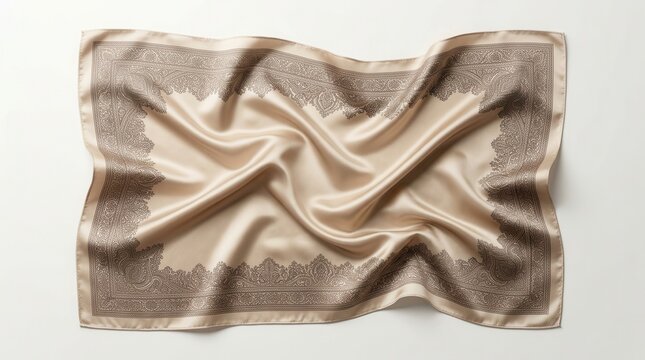 Stylish scarf and elegant silk bandana with an intricate border pattern, offering a luxurious feel for headwear and fashion use.