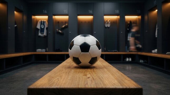 In a dim light locker room, a soccer ball rests on a bench with empty lockers in the background.