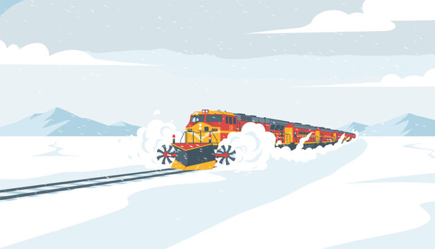 Powerful train equipped with snowplows clearing tracks through a vast frozen mountain pass during a heavy winter blizzard in the cold wilderness.