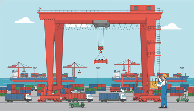 Dock worker checking cargo data on a tablet at a busy container shipping terminal with large red gantry cranes and stacked freight containers.