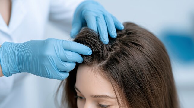 Trichologist examines the scalp of a client during a consultation in a clinic