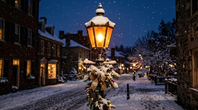 A vintage street lamp glows brightly on a snowy evening in a historic town.