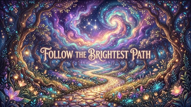 Magical forest path under a swirling galaxy sky, inspiring journey and fantasy