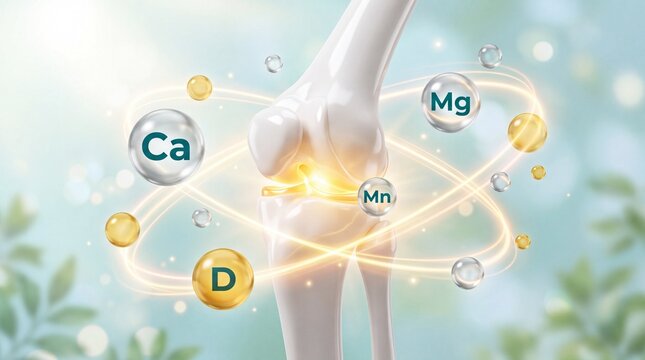 Human knee joint anatomy with calcium and vitamin D minerals, bone health supplement concept, medical 3D illustration of joint protection 4K