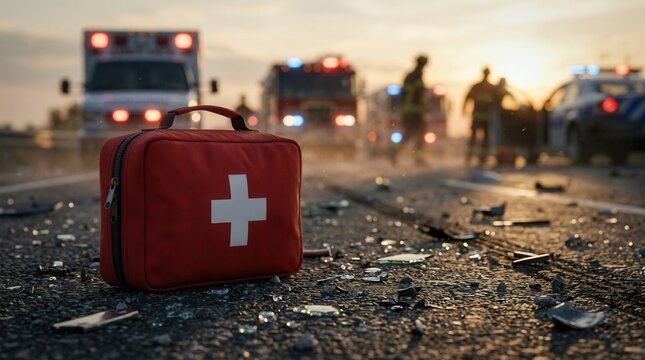 Rescue personnel and emergency vehicles at a disaster site with a red first aid kit on a debris littered road during dusk.