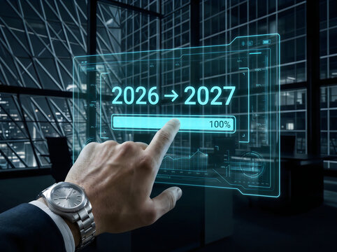 Person interacting with futuristic 2026 to 2027 progress bar interface