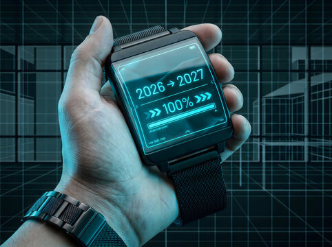 Hand holding retro digital watch showing year change from 2026 to 2027 with 100 percent