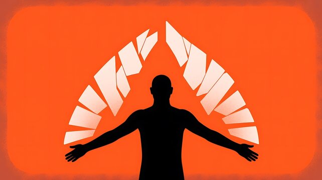 Person silhouette with abstract white wings on an orange background representing freedom and inspiration