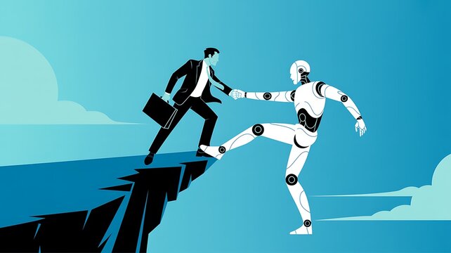 Human and robot teamwork concept showing cooperation across a challenging gap
