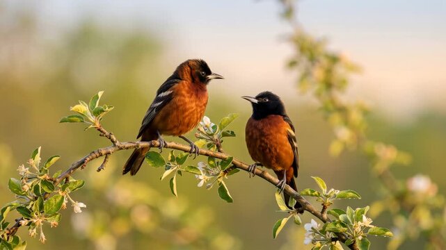 orchard oriole singing close up at morning light in texas usa video