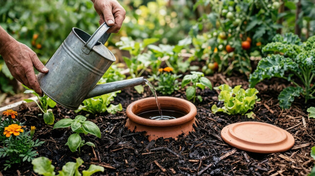 Gardener watering clay ollas irrigation system in organic vegetable garden