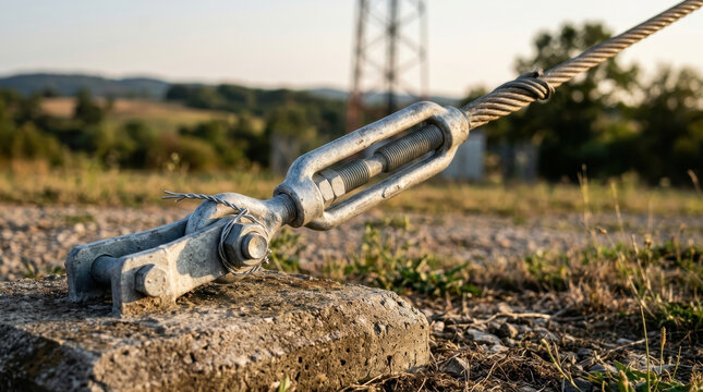 Turnbuckle and wire rope cable anchor securing utility tower stay wire