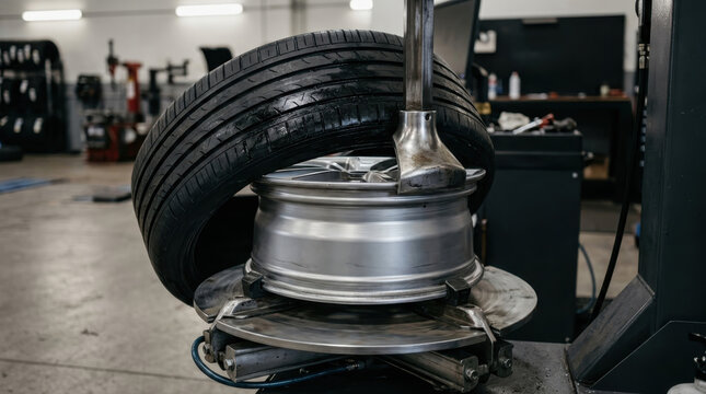 Tire changer machine mounting rubber tire onto alloy wheel in garage