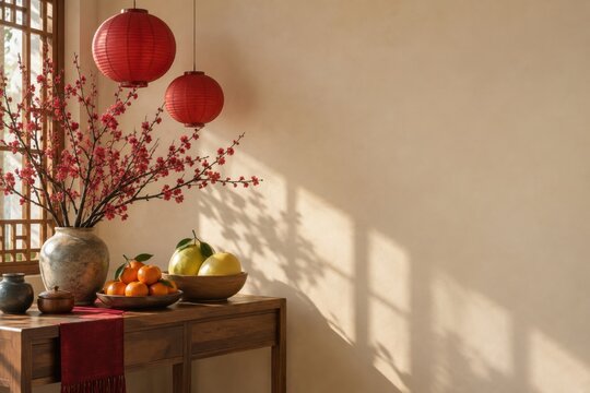 Plain red paper lanterns, fresh citrus fruit and flowering plum branches arranged in a community hall during celebration readiness in contemporary East Asian cultural center