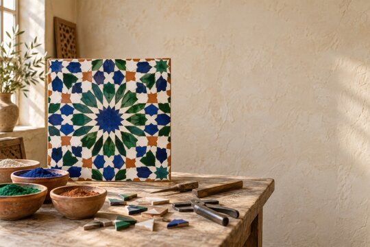 Finished hand-cut geometric tile panel displayed beside plain clay pigments and traditional layout tools during craft completion in bright Moroccan cultural arts studio