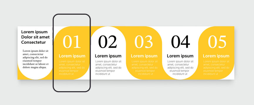 Business infographic template with 5 steps or options. Horizontal process banner, yellow wave design, numbered options with smartphone screen placeholder for mobile app interface concept vector.