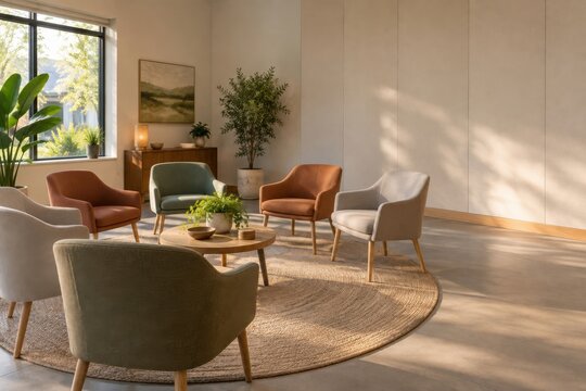 Welcoming circle of equal chairs with a simple neutral centerpiece and accessible open entry gap during dialogue readiness in modern neighborhood mediation center
