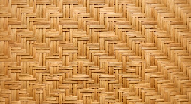 A close-up view of a natural woven bamboo texture featuring a repeating herringbone pattern design.