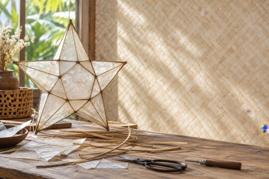 Finished hand-built capiz-style star lantern displayed with plain bamboo strips and translucent paper offcuts during craft completion in bright Filipino cultural arts studio