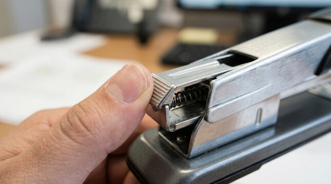Close up of a person loading metal staples into a heavy duty stapler