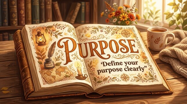 Open book with the word PURPOSE and inspirational quote, surrounded by vintage elements
