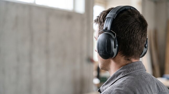 Ear with noise protection earmuffs copy space.	
