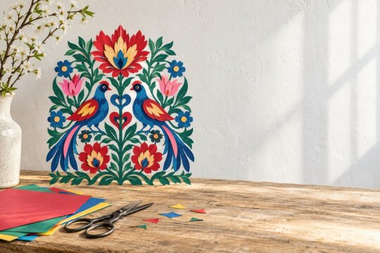 Finished symmetrical folk paper-cut artwork displayed beside plain colored paper and traditional scissors during craft completion in bright Polish cultural arts studio