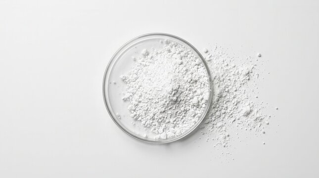 White background featuring a petri dish with calcium carbonate powder from a top view perspective.